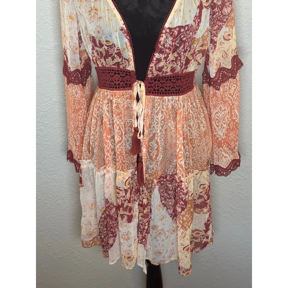 Miss Me Boho Patchwork Floral Lace Trim V-Neck Mini Dress Orange Burgundy Small
